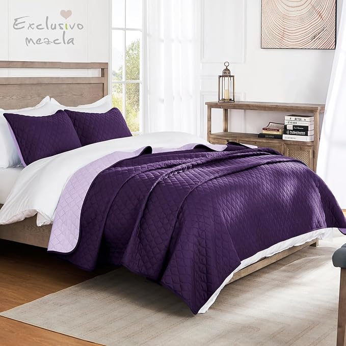 Exclusivo Mezcla Reversible California King Quilt Set, Deep Purple | - Image 2