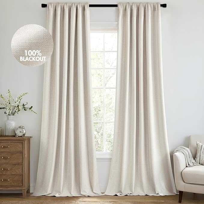 MIULEE 100% Blackout Back Tab Pleat Linen Curtains 50" Wx92 L, Birch | 2 Panels by MIULEE