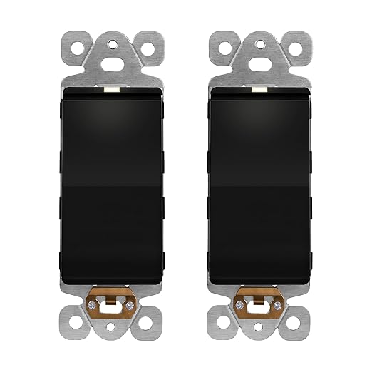 LIDER Minimalist Design Matte Finish Lighted Decorator Switch, Frameless Paddle Light Switch with Locator Light, Grounding Screw, 15A 125V, UL Listed, LS15-1P-BK2P, Black, 2 Pack