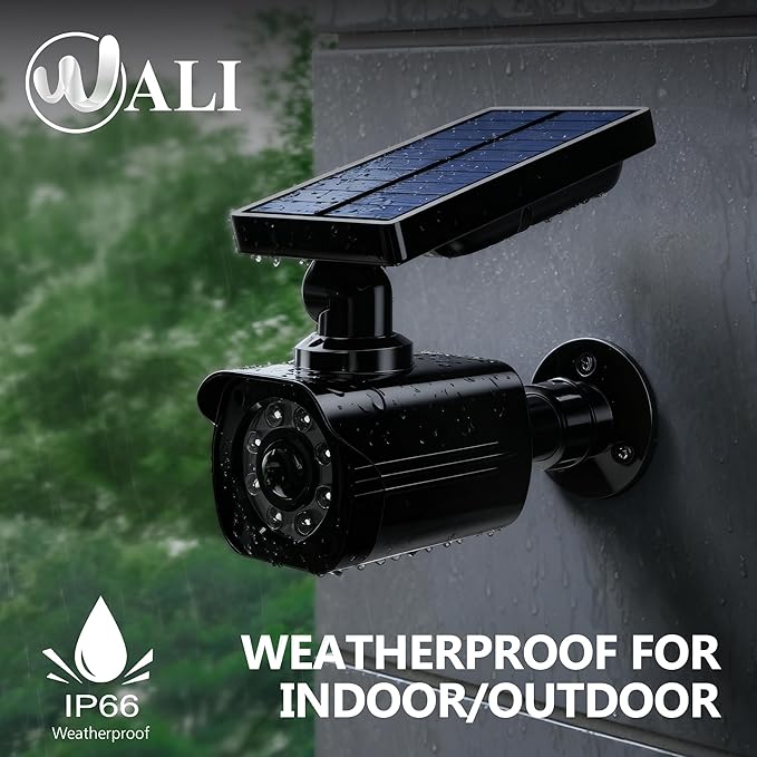 WALI Dummy Fake Camera, Security Camera with Motion Sensor Flood Light, Simulated Surveillance Security CCTV Dome Camera Indoor Outdoor (TCB2-SOL), 2 Packs, Black-Solar