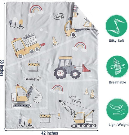 JHXHMX 4 Pieces Toddler Bedding Set for Boys,Excavator Cars Truck Pattern Toddler Comforter Set,Soft Crib Bed Set Including Comforter,Sheets and Pillowcase-Gray