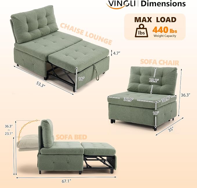 VINGLI Convertible Sofa Bed Tufted Teddy Fleece Sleeper Chair Bed Couch Armless - Image 3