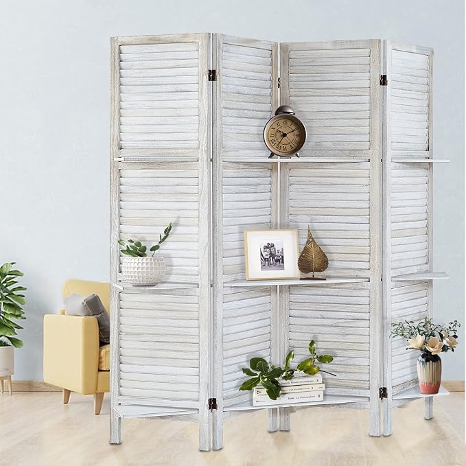 Room Divider with Shelves, 4 Panel Distressed White | Partition Room Dividers - Image 4