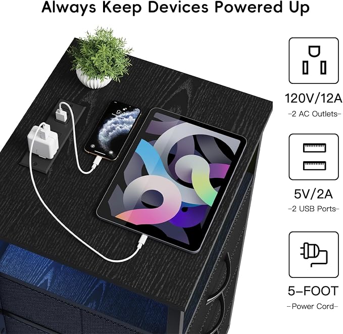 Fixwal Night Stand with 3 Drawers, built-in bedside charger, 2 AC outlets & 2 - Image 5