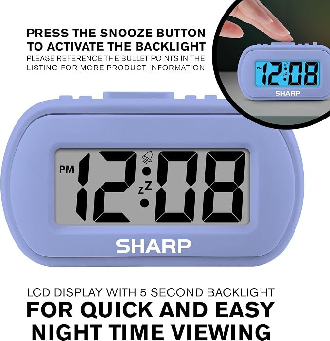 Sharp Battery Alarm Clock with Soft-Touch Case and Blue Backlight, Lavender | - Image 5