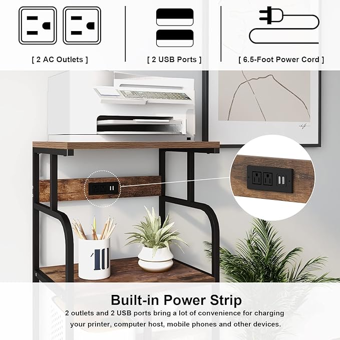 VEDECASA Large Printer Stand Cart with Charging Station USB Port 21.2"x15.7"x42.3" Rolling Tall 3-Tier Printer Stand with Adjustable Shelf Storage Home Office