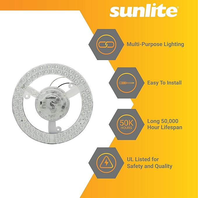 Sunlite 88479 7.3-Inch AC LED Light Engine Module, 15 Watts (100W=), 1350 Lumens, Color Selectable 30K/40K/50K, Dimmable, 50,000 Hours Life Span, 120v, ETL Listed