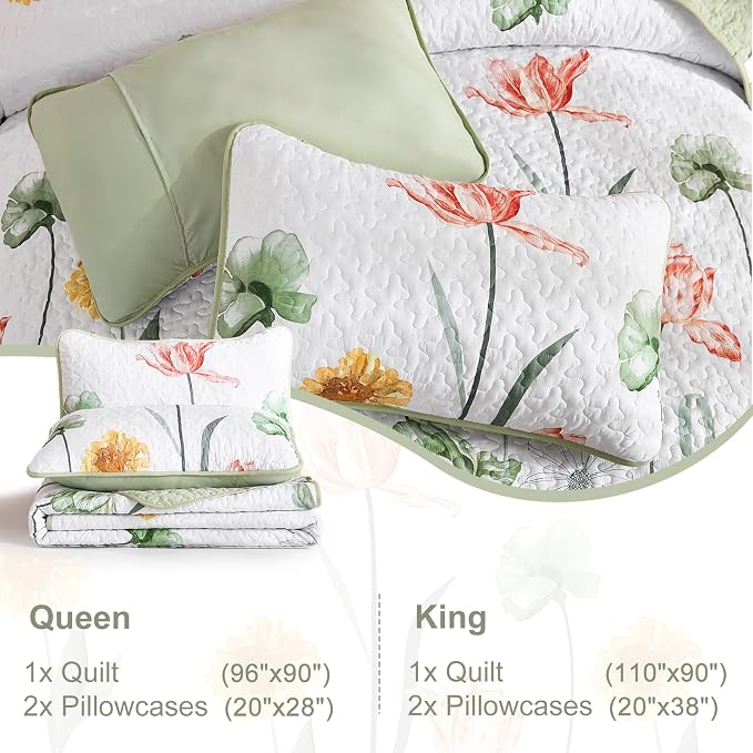 WONGS BEDDING 3 Pieces Quilt Set Full, Sage Green Floral Printed Quilted - Image 7