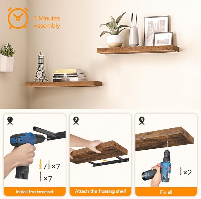 HOOBRO Floating Shelves for Wall, Wall Mounted Shelf Set of 2, 39.4" Hanging - Image 7