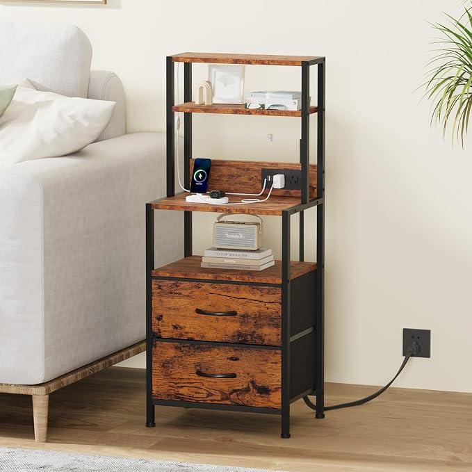 Nightstands Set of 2 with Charger Station, 39.4"Tall Bedside Table | RGB LED - Image 8