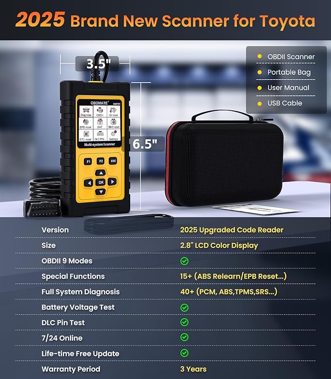 OBDMATE OBD2 Scanner for Toyota/Lexus/Scion, OM701 All Systems Diagnostic Tool with 15+ Resets (Oil/ETC/EPB/ABS/SAS/BAT Register...), Full OBDII Functions Read&Erase Fault Codes, Free Software Update
