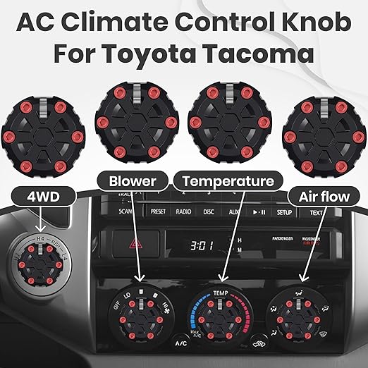 4 Pack - 2nd Gen Tacoma Accessories AC Knob Upgrade - 2005,2006,2007,2008,2009,2010,2011,2012,2013,2014,2015 Tacoma Climate Control Dial Mods Set - for Toyota Interior Replacement Kit