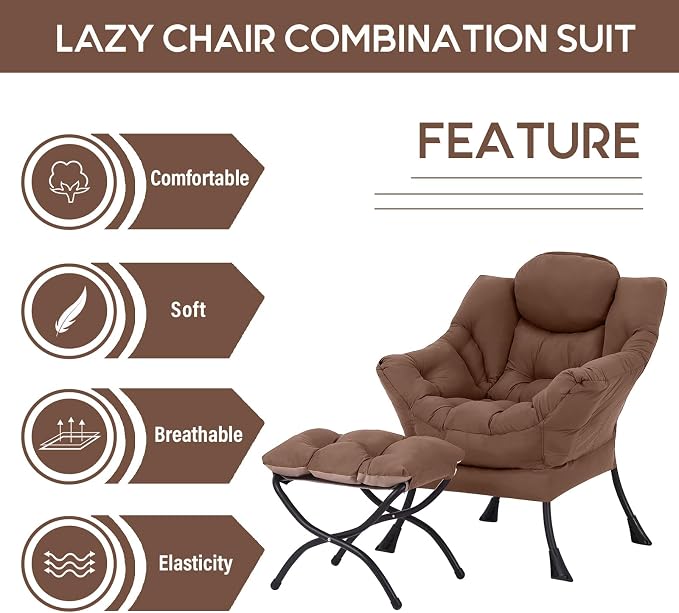 Lazy Chair with Ottoman, Comfy Accent Reading Chair, Dark Brown | Foldable - Image 6