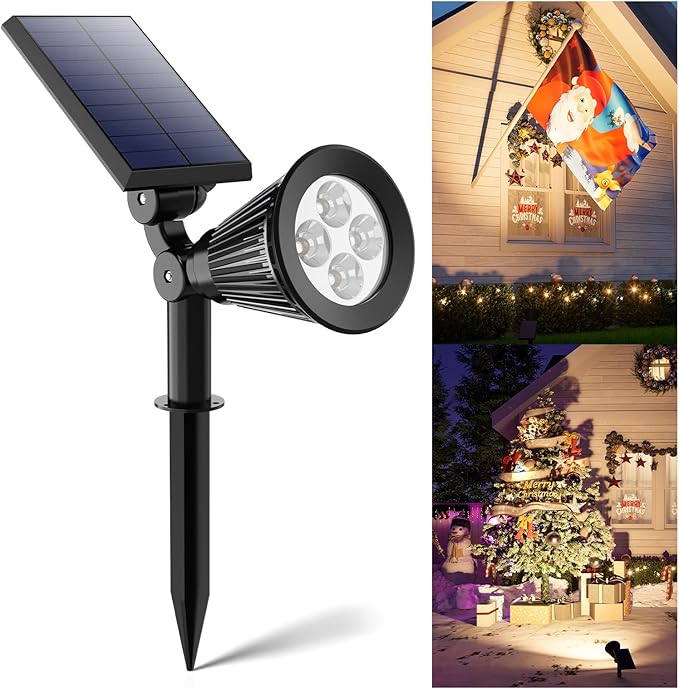 Solar Power Spot Lights Outdoor Waterproof for Christmas Decorations, Flag, Tree, Wreath, Santa Claus, Snowman, Bright LED Landscape Lamp Uplights for Outside Garden, Yard, Patio, Sidewalk,Warm White