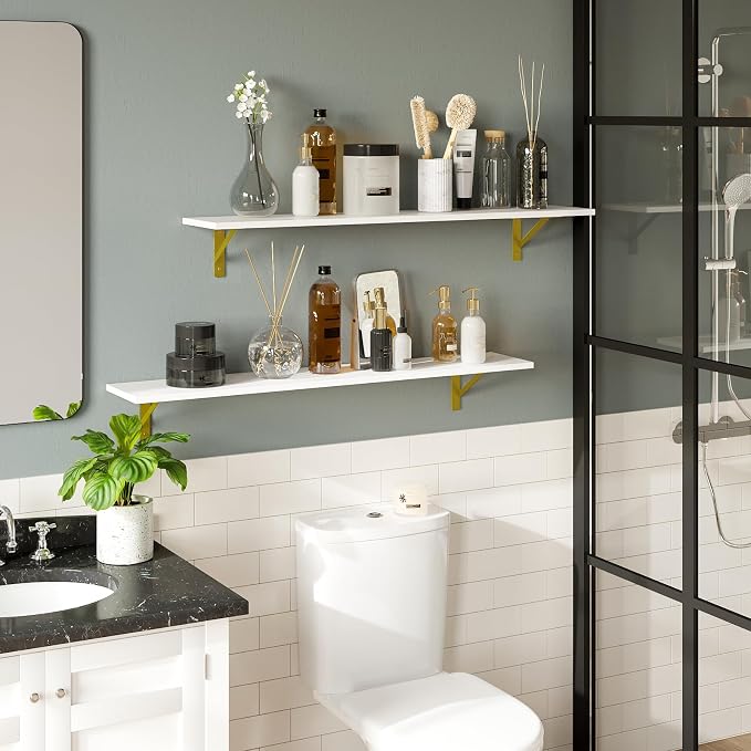 Long Wall Shelves, 39.4Inch Wooden Wall Mounted Shelves, Metal Brackets - Image 6
