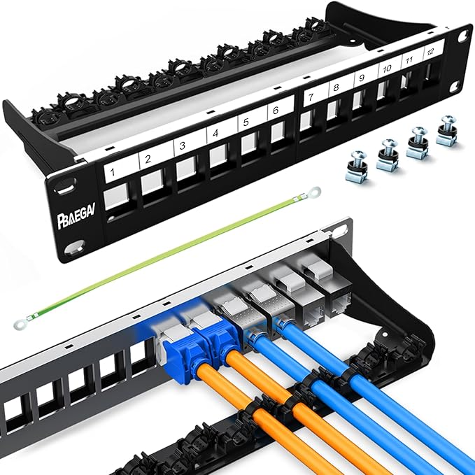 PBAEGAV 12 Port Patch Panel Blank UTP/STP 1U 19“ Keystone Patch Panel with Cable Management and Support Bar Compatible with LC/SC/ST/FC/USB/HDMI Keystone Jack(12 Port)