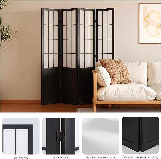 Room Divider, 66.9Inch Tall Japanese Shoji Style Folding Wood Screen - Image 4