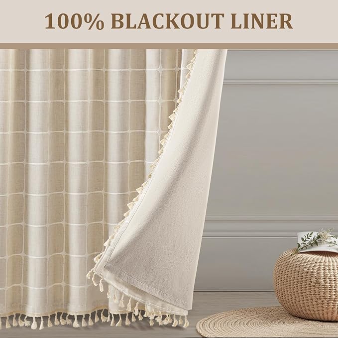 Boho Blackout Plaid Curtains 63 Inch Drapes Linen Blend 2 Panels | Vintage - Image 3