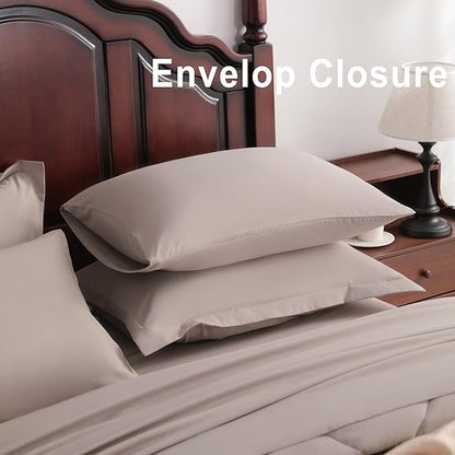 NTBAY Queen Comforter Set with Sheets, 7 Pieces Soft and Breathable Queen Bedding Set, Bed in a Bag, Down Alternative Comforter Set Solid Color All Season, Queen Bedding Set, Taupe