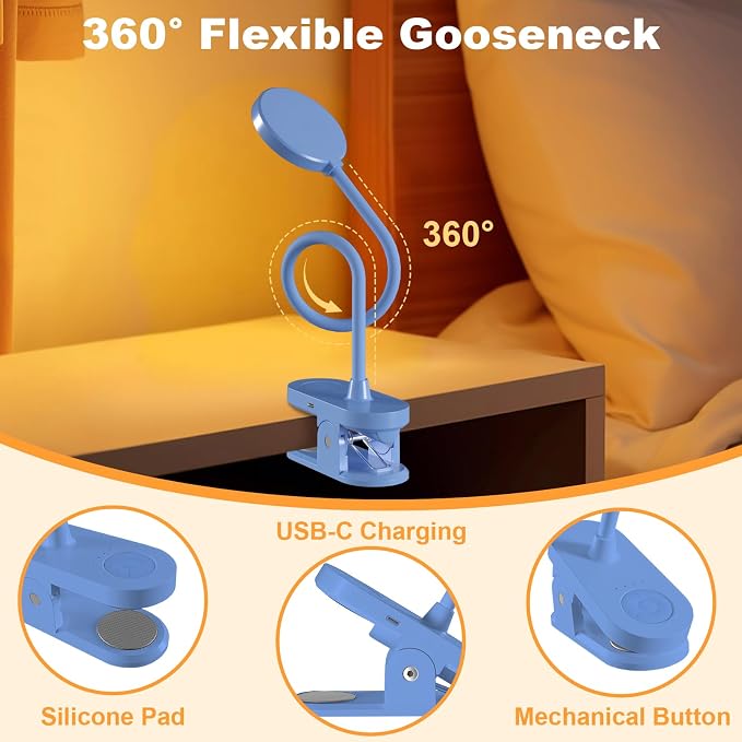 Cordless Clip on Reading Light, Rechargeable LED Book Lamp - Image 3