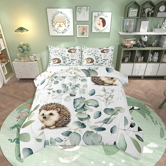 Erosebridal Cute Hedgehog Bedding King Size for Kids Child Green Eucalyptus Comforter Set King, Woodland Animal Duvet Insert Plant Leaves Quilt Set, Cartoon Wildlife Bedding Comforters & Sets