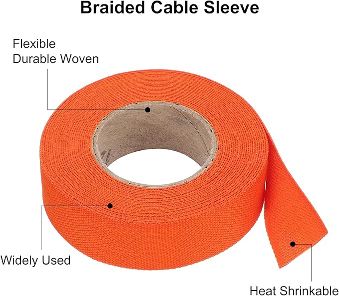 MECCANIXITY Braided Cable Sleeves Heat Shrinkable Fabric Sleeving, 7/8" 26ft Orange 2:1 Ratio Heat Shrinkable Cord Protector for Harness Cable, Network Cable Protection, Cable Management