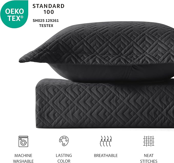 EXQ Home King Size Quilt Set Squares Pattern Bedding Set Lightweight Black | - Image 4