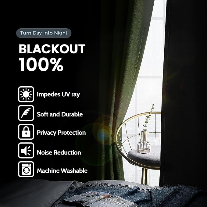 SimpleHome Greyish Green 100% Blackout Curtains Room Darken Living Room 63L | - Image 3