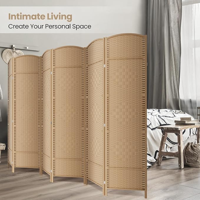 6 Panel Folding Room Divider, Woven Privacy Screen, Light Beige | Solid wood - Image 4