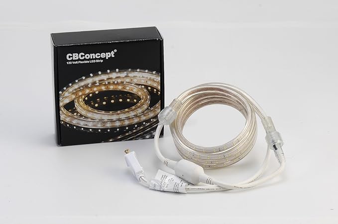 CBconcept UL Listed, 6.6 Feet, 720 Lumen, 6000K Pure White, Dimmable, 110-120V AC Flexible Flat LED Strip Rope Light, 120 Units 3528 SMD LEDs, Indoor Outdoor Use, Accessories Included, Ready to use