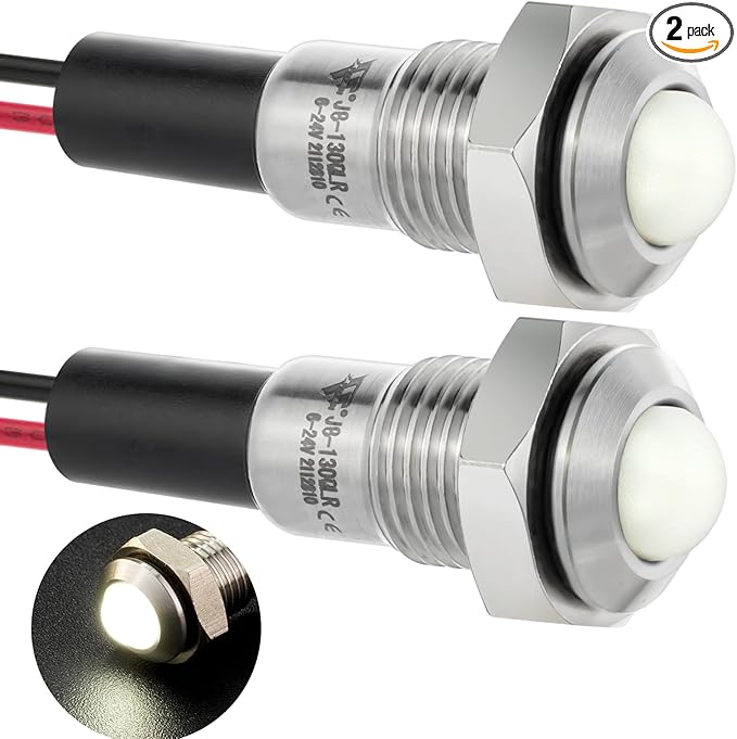 ZGSZJHF UL Listed Mini Indicator Light 8mm 0.31" Waterproof Domed Metal Stainless Steel Signal Lamp 12V-24V DC/AC Red and Green LED Light with 140mm Wire