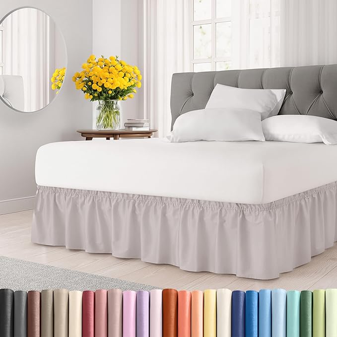 Wrap Around Dust Ruffle Bed Skirt - Light Grey - Twin/Twin XL Size Beds with 15 Inch Drop - Elastic Strap - Adjustable Pleated Bedskirt with Brushed Fabric and Wrinkle Free - Women, Men, Kids & Teens