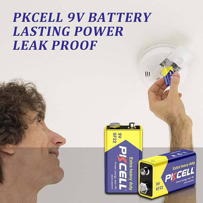 PKCELL 9V Batteries, 4 Pack 9 Volt Batteries Carbon Zinc, 9V Battery for Smoke Detector, Alarms, 6F22 Square Battery