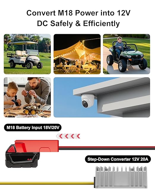 18V to 12V Step Down Converter Aadpter Compatible with Milwaukee M18 Batteries, DC 12 Voltage Battery Power Adapter, Automatic Buck Converter Regulator with Fuse for Golf Cart