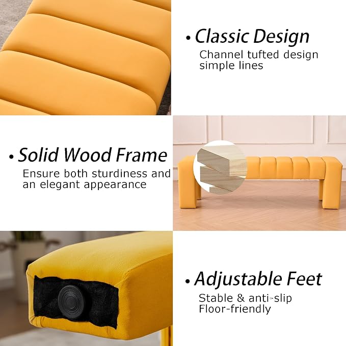 59" Velvet Bench for Bedroom King Size Bed Window End of Bed, Mustard Yellow | - Image 6