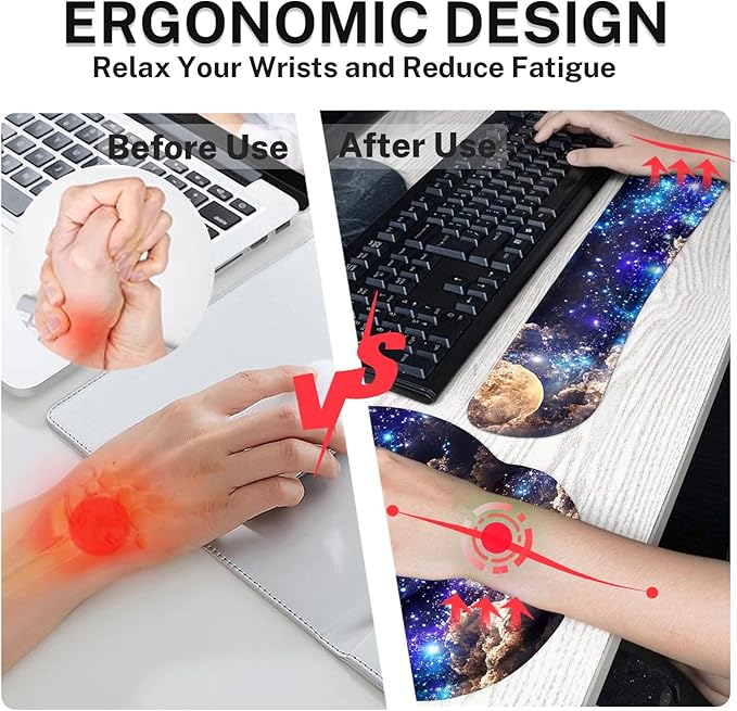 Britimes Moon Space Night Keyboard Mouse Pad Set Blue Cute Cloud 4in1 Large Mousepad+Keyboard Wrist Rest+Mouse Wrist Rest+Coaster Ergonomic Design for Home Office Computer 35.4x15.7 inches