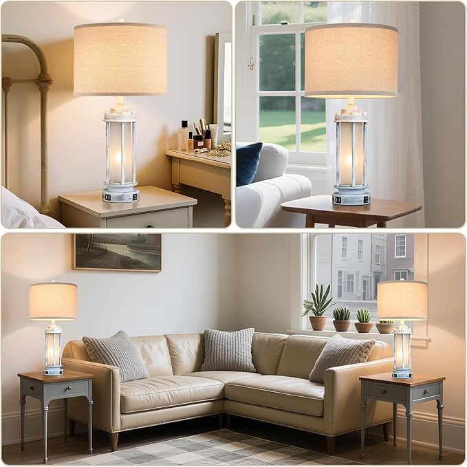 AIEAMPDO 25" Set of 2 Antique White Rustic Table Lamps 2 USB C+A Ports | - Image 3