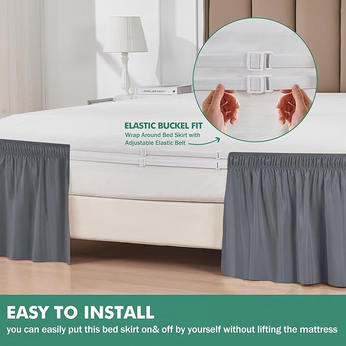 Biscaynebay Wrap Around Bed Skirts with Split Corners for King Beds 18" Drop, Dark Grey Adjustable Elastic Dust Ruffles Easy Fit Wrinkle Resistant Silky Luxurious Fabric Machine Washable