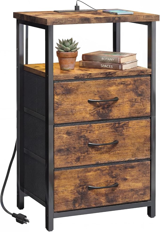 Fixwal Night Stand with Charging Station, 3 Fabric Drawers, Rustic Brown | by Fixwal