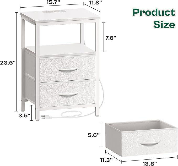 Huuger Night Stand with Charger Station and LED Lights, 2 Drawer Nightstand | - Image 3