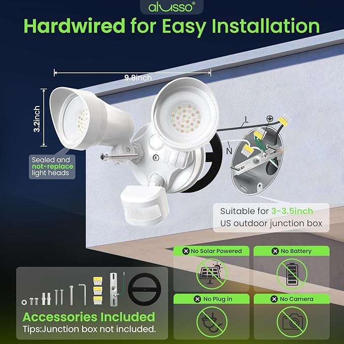 ALUSSO Motion Sensor Outdoor Lights, 30W 3500LM Flood Lights Outdoor, 3 Modes (Dusk to Dawn/Auto/On Time), 3CCT 3000K/4000K/6500K Waterproof Hardwired ETL Listed, Porch Garage Flood Light, White 2PCS