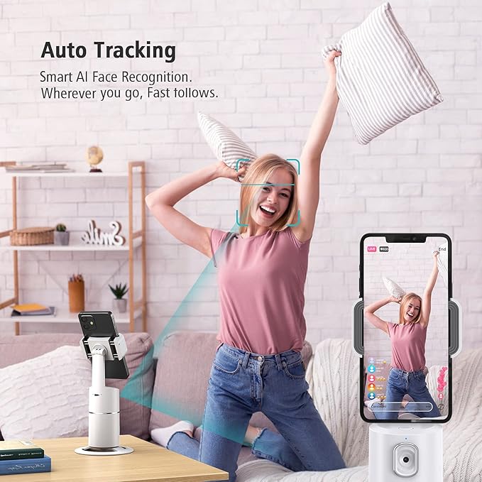camrola Auto Face Tracking Phone Holder, No App Required, 360° Rotation Face Body Phone Tracking Tripod Smart Shooting Camera Mount for Live Vlog Streaming Video, Rechargeable Battery-White