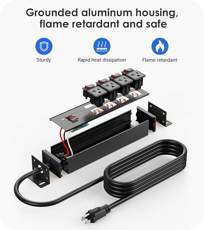 CCCEI Heavy Duty Surge Protector Power Strip 20 Amp Individual Switches. 4FT 12 Gauge Extension Cord with Multiple Outlets. Kitchen, Garage, Shop, Industrial Wall Mount Electric Extender, Black.