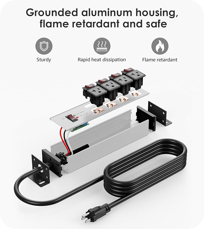 CCCEI Heavy Duty Surge Protector Power Strip 20 Amp Individual Switches. 15FT 12 Gauge Extension Cord with Multiple Outlets. Kitchen, Garage, Shop, Industrial Wall Mount Electric Extender, Grey.