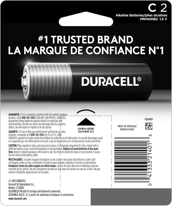 Duracell Coppertop C Batteries, 2 Count Pack, C Battery with Long-lasting Power, All-Purpose Alkaline C Battery for Household and Office Devices