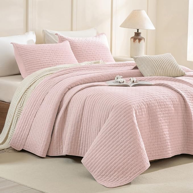 CozyTide Stone-Washed Cotton King Quilt, Blush Pink Stitching Pattern King Size by CozyTideComforterSet