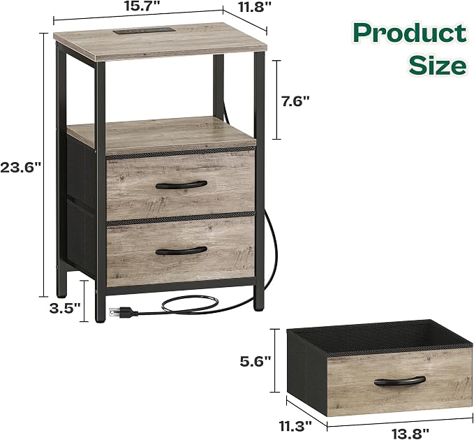 Huuger Night Stand with Charger Station and LED Lights, 2 Drawer Nightstand | - Image 3