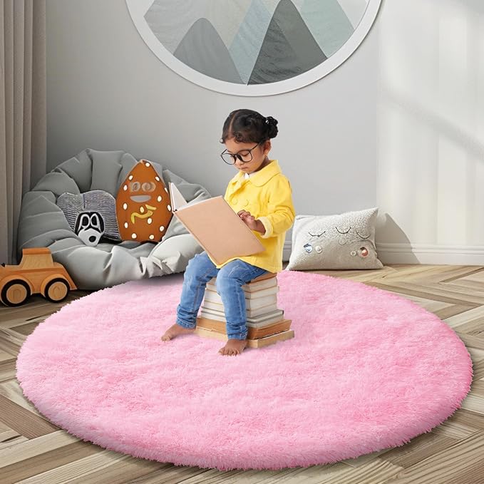 Pink Round Shag Area Rug for Bedroom, Washable Fuzzy Carpet for Room Boys Girls - Image 2