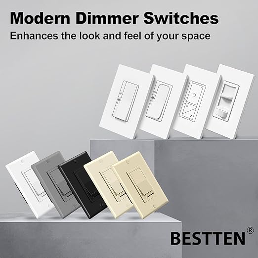 BESTTEN 2 Pack Dimmer Light Switch, Universal Lighting Control, Single Pole or 3 Way, Compatible with LED Dimmable Lamp, CFL, Incandescent, Halogen Bulb, Decorator Wallplate Included, UL Listed, White