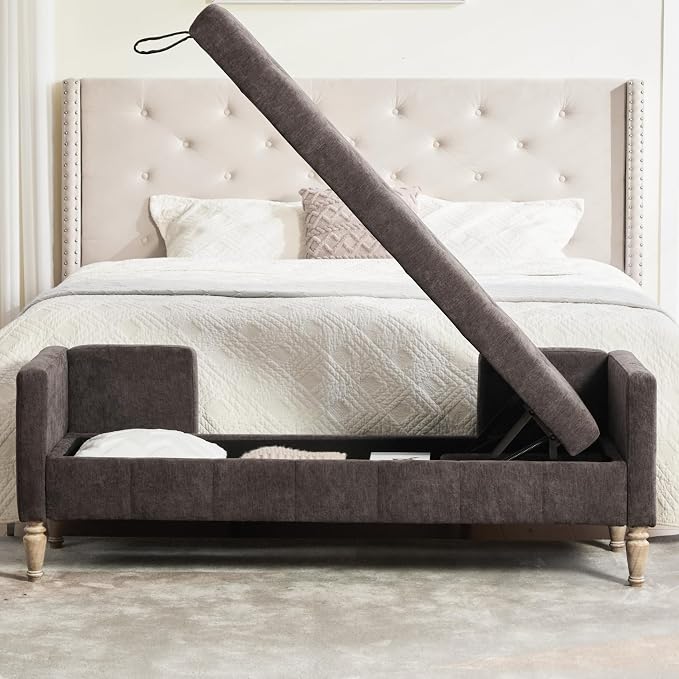 64.6" End of Bed Storage Bench for Bedroom, Dark Charcoal Brown. | Modern End - Image 7